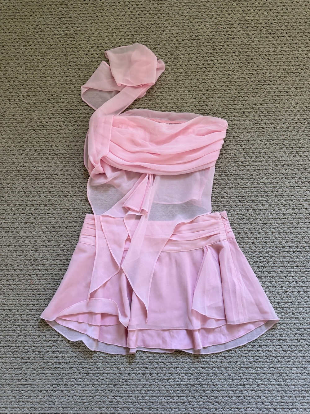Danielle Guizio Pale Pink Sheer Draped One-Shoulder Top and skirt